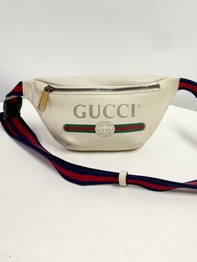 Gucci Cream Leather Belt Bag with Green-Red Web and Navy-Red Strap